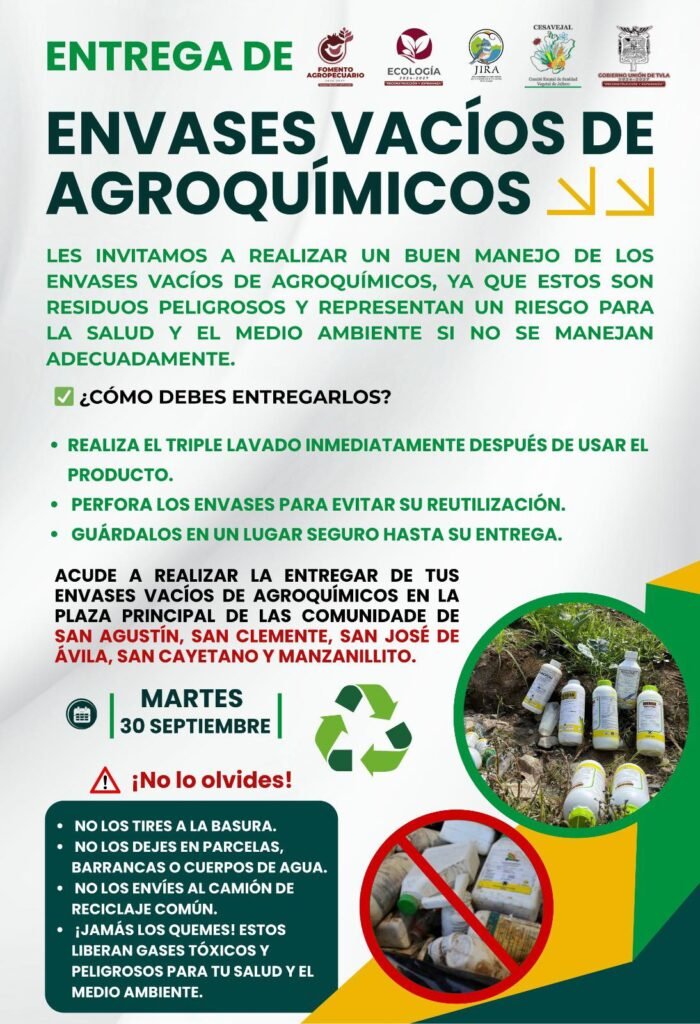 Invitan a comunidades de Unión de Tula a recolección de envases de agroquímicos