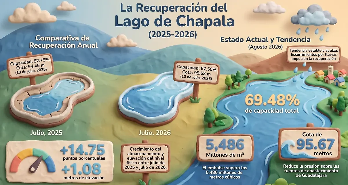 Lago de Chapala recupera nivel y alcanza 69.48% de su capacidad